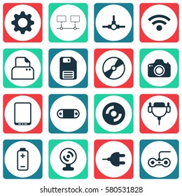 Set Of 16 Computer Hardware Icons. Includes Radio Set, Joystick, Battery And Other Symbols. Beautiful Design Elements.