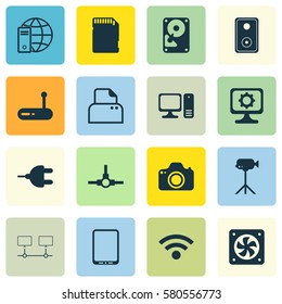 Set Of 16 Computer Hardware Icons. Includes Wireless, PC, Camera And Other Symbols. Beautiful Design Elements.