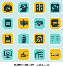 Set Of 16 Computer Hardware Icons. Includes Camera, Power Generator, Connected Devices And Other Symbols. Beautiful Design Elements.