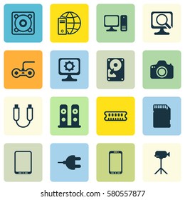 Set Of 16 Computer Hardware Icons. Includes Internet Network, Memory Card, Hdd And Other Symbols. Beautiful Design Elements.