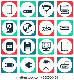 Set Of 16 Computer Hardware Icons. Includes Cellphone, Cd-Rom, Vga Cord And Other Symbols. Beautiful Design Elements.