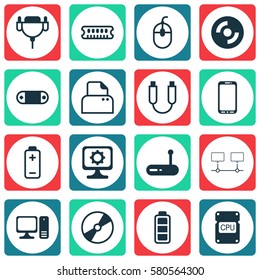 Set Of 16 Computer Hardware Icons. Includes Router, Battery, Cpu And Other Symbols. Beautiful Design Elements.