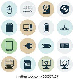 Set Of 16 Computer Hardware Icons. Includes Desktop Computer, Connected Devices, Network Structure And Other Symbols. Beautiful Design Elements.