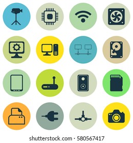 Set Of 16 Computer Hardware Icons. Includes Wireless, Hdd, Cellphone And Other Symbols. Beautiful Design Elements.