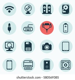 Set Of 16 Computer Hardware Icons. Includes Hdd, Loudspeakers, Music And Other Symbols. Beautiful Design Elements.