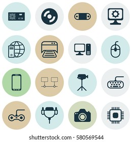 Set Of 16 Computer Hardware Icons. Includes Control Device, Vga Cord, Chip And Other Symbols. Beautiful Design Elements.
