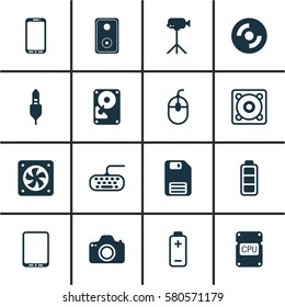 Set Of 16 Computer Hardware Icons. Includes Hdd, Aux Cord, Computer Keypad And Other Symbols. Beautiful Design Elements.