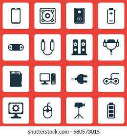 Set Of 16 Computer Hardware Icons. Includes Smartphone, Accumulator Sign, Battery And Other Symbols. Beautiful Design Elements.