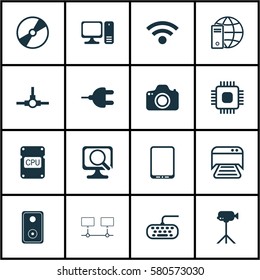 Set Of 16 Computer Hardware Icons. Includes Desktop Computer, Connected Devices, Computer Keypad And Other Symbols. Beautiful Design Elements.