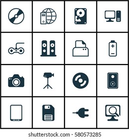 Set Of 16 Computer Hardware Icons. Includes Cd-Rom, Internet Network, Diskette And Other Symbols. Beautiful Design Elements.