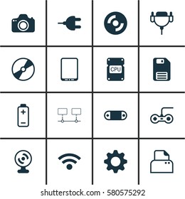 Set Of 16 Computer Hardware Icons. Includes Cpu, Connector, Connected Devices And Other Symbols. Beautiful Design Elements.