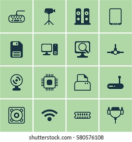 Set Of 16 Computer Hardware Icons. Includes Wireless, Network Structure, File Scanner And Other Symbols. Beautiful Design Elements.