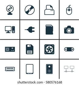 Set Of 16 Computer Hardware Icons. Includes Power Generator, Connector, Cd-Rom And Other Symbols. Beautiful Design Elements.