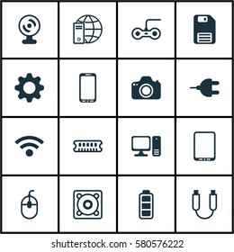 Set Of 16 Computer Hardware Icons. Includes Portable Memory, Settings, Accumulator Sign And Other Symbols. Beautiful Design Elements.