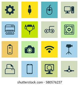 Set Of 16 Computer Hardware Icons. Includes Desktop Computer, Printed Document, Laptop And Other Symbols. Beautiful Design Elements.