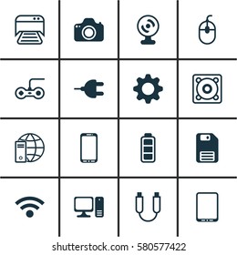 Set Of 16 Computer Hardware Icons. Includes Portable Memory, Joystick, Diskette And Other Symbols. Beautiful Design Elements.