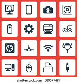 Set Of 16 Computer Hardware Icons. Includes Settings, Desktop Computer, Joystick And Other Symbols. Beautiful Design Elements.