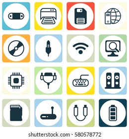 Set Of 16 Computer Hardware Icons. Includes Computer Keypad, Memory Card, Cd-Rom And Other Symbols. Beautiful Design Elements.
