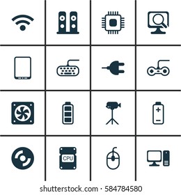 Set Of 16 Computer Hardware Icons. Includes Wireless, Control Device, Connector And Other Symbols. Beautiful Design Elements.