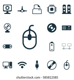 Set Of 16 Computer Hardware Icons. Includes Power Generator, Desktop Computer, File Scanner And Other Symbols. Beautiful Design Elements.