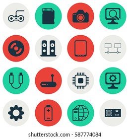 Set Of 16 Computer Hardware Icons. Includes Power Generator, Blank Cd, Settings And Other Symbols. Beautiful Design Elements.