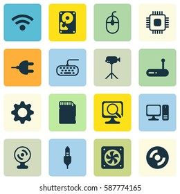 Set Of 16 Computer Hardware Icons. Includes Control Device, Hdd, Connector And Other Symbols. Beautiful Design Elements.