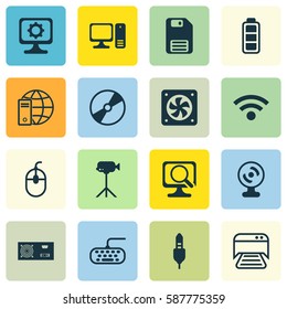 Set Of 16 Computer Hardware Icons. Includes Control Device, Desktop Computer, Laptop And Other Symbols. Beautiful Design Elements.
