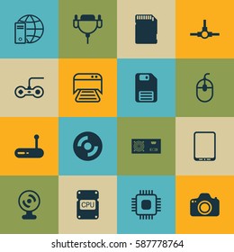 Set Of 16 Computer Hardware Icons. Includes Joystick, Cpu, Memory Card And Other Symbols. Beautiful Design Elements.