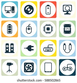 Set Of 16 Computer Hardware Icons. Includes Accumulator Sign, Connector, Computer Ventilation And Other Symbols. Beautiful Design Elements.