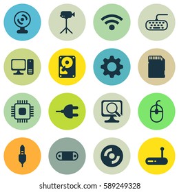 Set Of 16 Computer Hardware Icons. Includes Computer Keypad, Blank Cd, Web Camera And Other Symbols. Beautiful Design Elements.