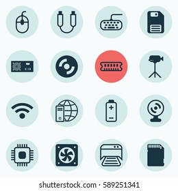 Set Of 16 Computer Hardware Icons. Includes Printed Document, Power Generator, Computer Keypad And Other Symbols. Beautiful Design Elements.