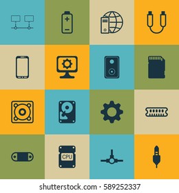 Set Of 16 Computer Hardware Icons. Includes PC, Smartphone, Radio Set And Other Symbols. Beautiful Design Elements.