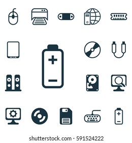 Set Of 16 Computer Hardware Icons. Includes Laptop, Cd-Rom, Diskette And Other Symbols. Beautiful Design Elements.