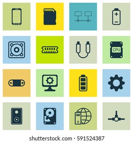 Set Of 16 Computer Hardware Icons. Includes Radio Set, Internet Network, Portable Memory And Other Symbols. Beautiful Design Elements.