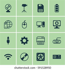 Set Of 16 Computer Hardware Icons. Includes Diskette, Control Device, Cd-Rom And Other Symbols. Beautiful Design Elements.