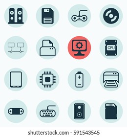 Set Of 16 Computer Hardware Icons. Includes Computer Keypad, Chip, Cellphone And Other Symbols. Beautiful Design Elements.