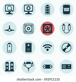 Set Of 16 Computer Hardware Icons. Includes Loudspeakers, Battery, Music And Other Symbols. Beautiful Design Elements.