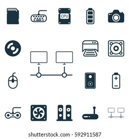 Set Of 16 Computer Hardware Icons. Includes Control Device, Battery, Cpu And Other Symbols. Beautiful Design Elements.