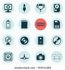 Set Of 16 Computer Hardware Icons. Includes Memory Card, Connected Devices, Dynamic Memory And Other Symbols. Beautiful Design Elements.