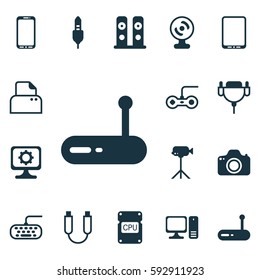 Set Of 16 Computer Hardware Icons. Includes Computer Keypad, Cpu, Desktop Computer And Other Symbols. Beautiful Design Elements.