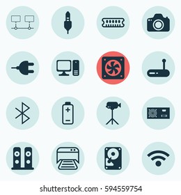 Set Of 16 Computer Hardware Icons. Includes Aux Cord, Loudspeakers, Dynamic Memory And Other Symbols. Beautiful Design Elements.