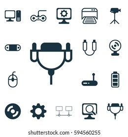 Set Of 16 Computer Hardware Icons. Includes Settings, Router, Connected Devices And Other Symbols. Beautiful Design Elements.