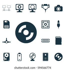 Set Of 16 Computer Hardware Icons. Includes Connected Devices, Camera, Music And Other Symbols. Beautiful Design Elements.