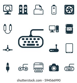 Set Of 16 Computer Hardware Icons. Includes Battery, Printed Document, Cellphone And Other Symbols. Beautiful Design Elements.