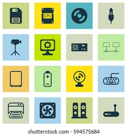 Set Of 16 Computer Hardware Icons. Includes PC, Connected Devices, Computer Ventilation And Other Symbols. Beautiful Design Elements.