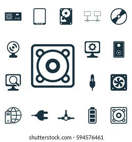 Set Of 16 Computer Hardware Icons. Includes Power Generator, Connector, Accumulator Sign And Other Symbols. Beautiful Design Elements.