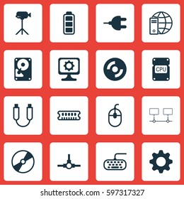 Set Of 16 Computer Hardware Icons. Includes PC, Hdd, Computer Keypad And Other Symbols. Beautiful Design Elements.