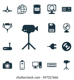 Set Of 16 Computer Hardware Icons. Includes Router, Laptop, Dynamic Memory And Other Symbols. Beautiful Design Elements.