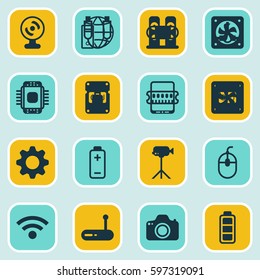 Set Of 16 Computer Hardware Icons. Includes Web Camera, Router, Chip And Other Symbols. Beautiful Design Elements.