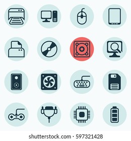 Set Of 16 Computer Hardware Icons. Includes Control Device, Accumulator Sign, Music And Other Symbols. Beautiful Design Elements.